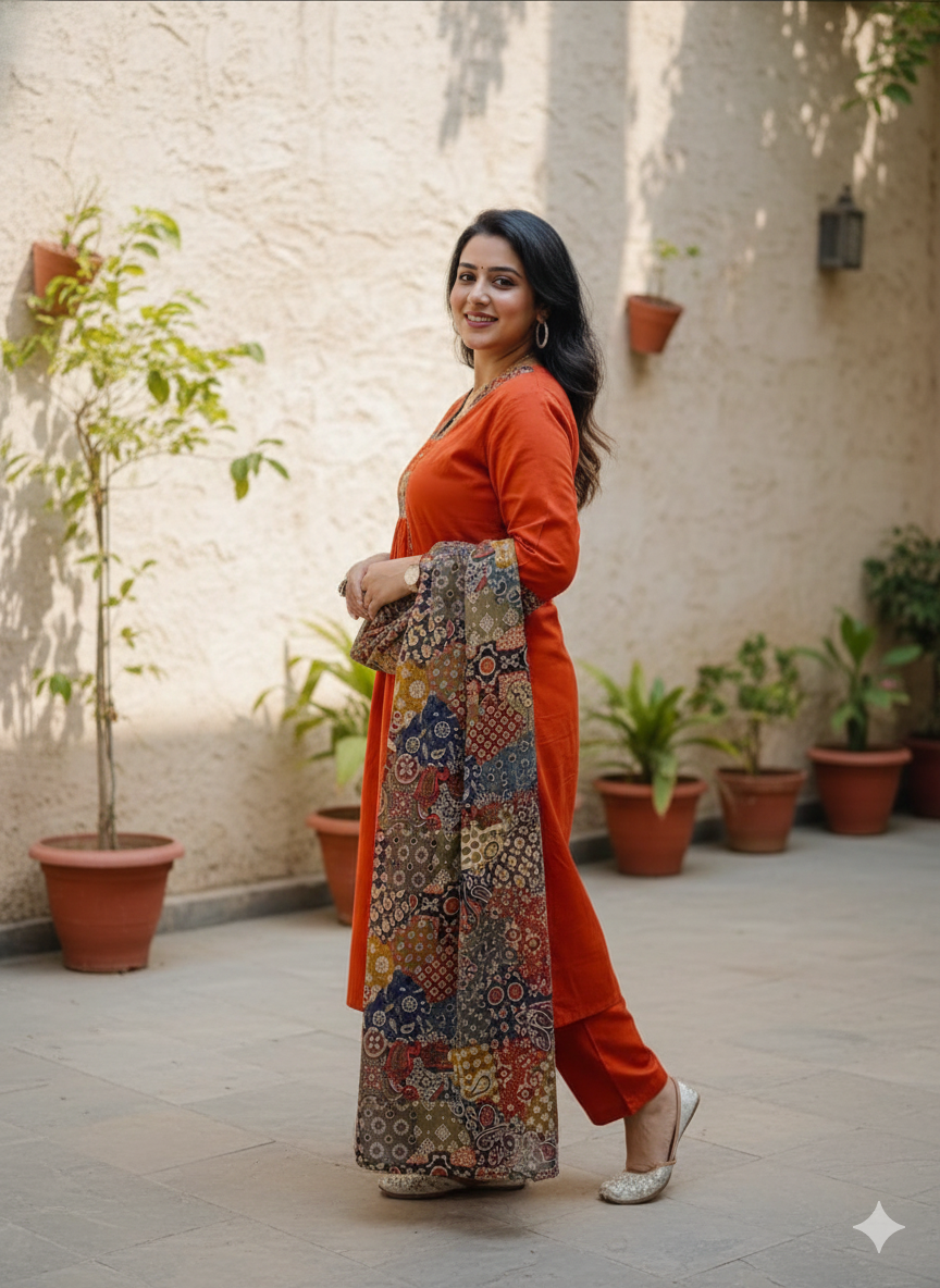 Mirror Work Cotton Suit with Kalamkari Dupatta